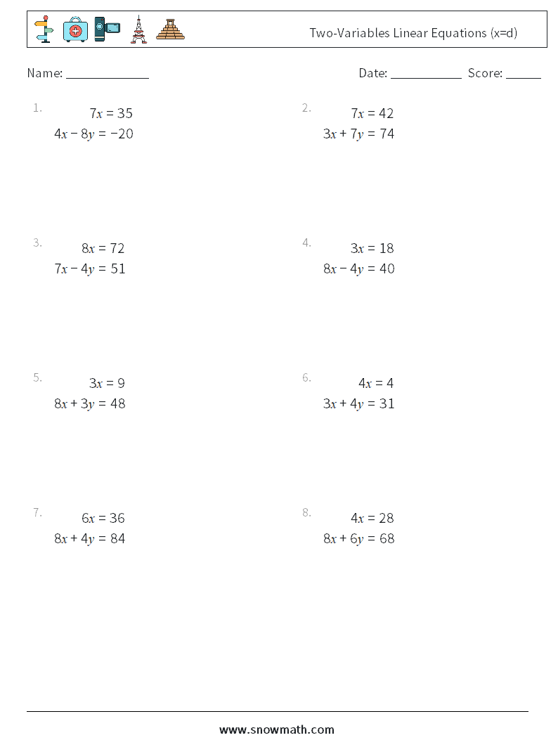 two-variables linear equations (x=d) Math Worksheets, Math Pertaining To Solve 2 Step Equations Worksheet