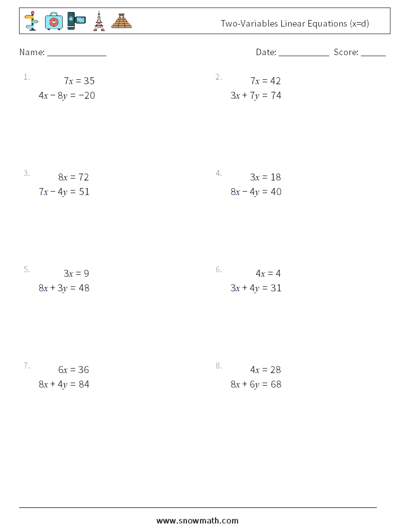 Two-Variables Linear Equations (x=d) Math Worksheets 6