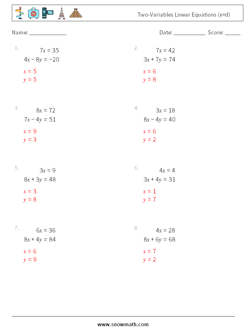 Two-Variables Linear Equations (x=d) Math Worksheets 6 Question, Answer