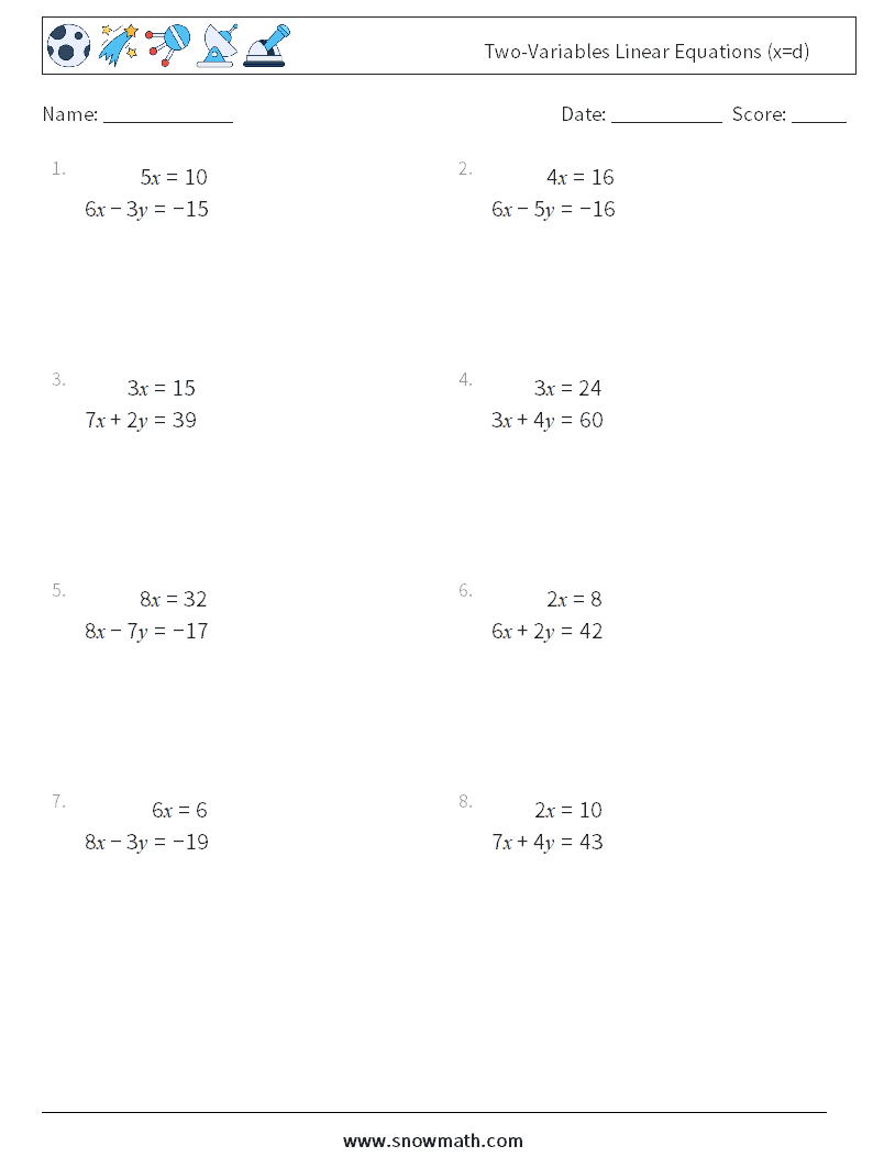 Two-Variables Linear Equations (x=d) Math Worksheets 8