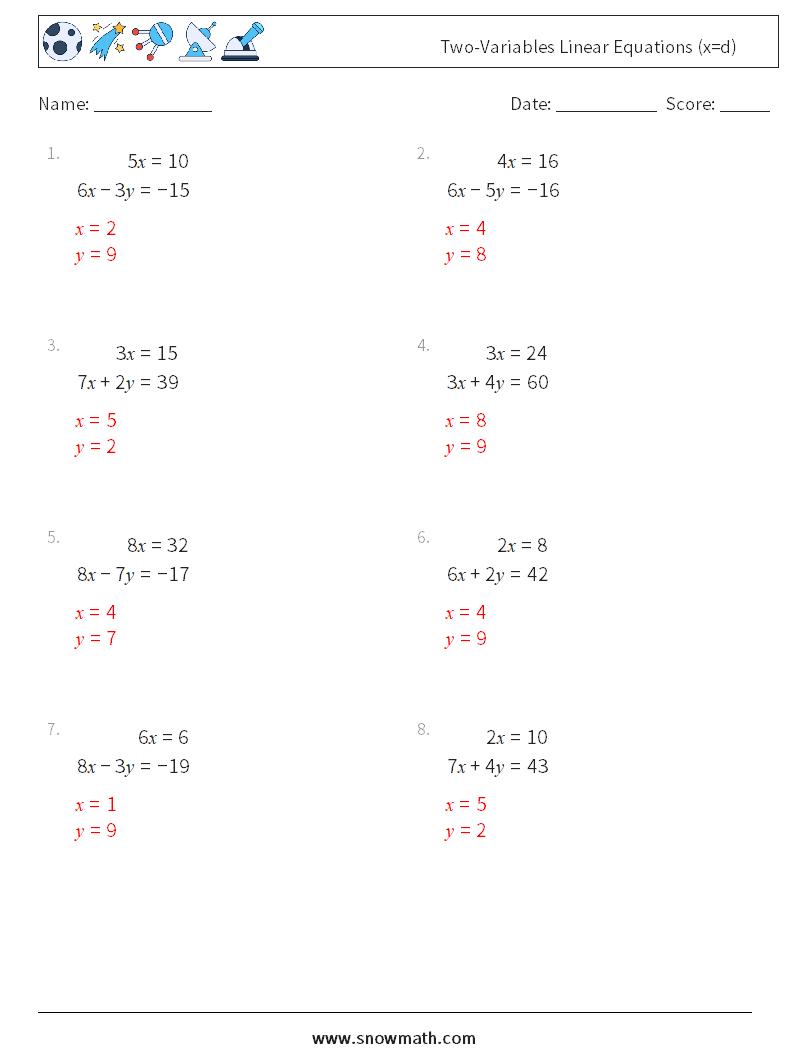 Two-Variables Linear Equations (x=d) Math Worksheets 8 Question, Answer