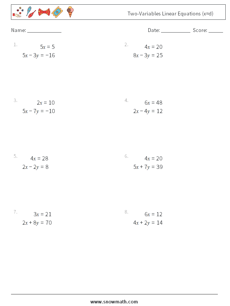 Two-Variables Linear Equations (x=d) Maths Worksheets 9