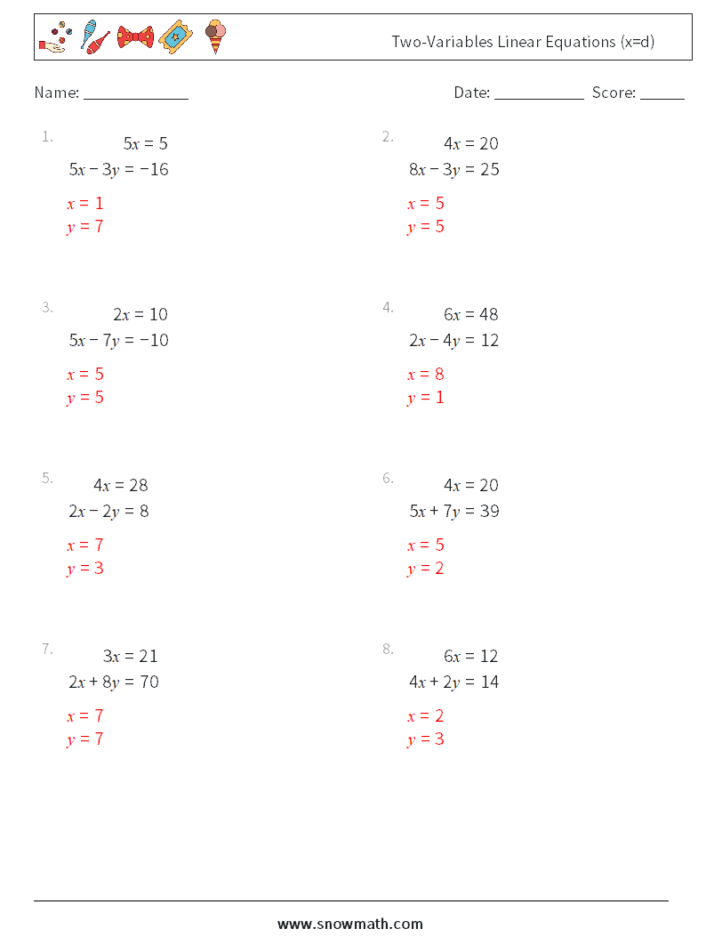 Two-Variables Linear Equations (x=d) Math Worksheets 9 Question, Answer