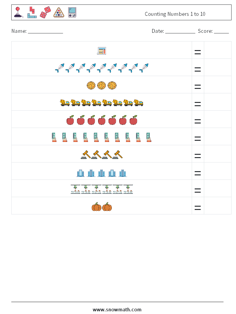 Counting Numbers 1 to 10 Math Worksheets 11