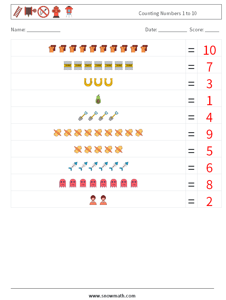 Counting Numbers 1 to 10 Math Worksheets 14 Question, Answer