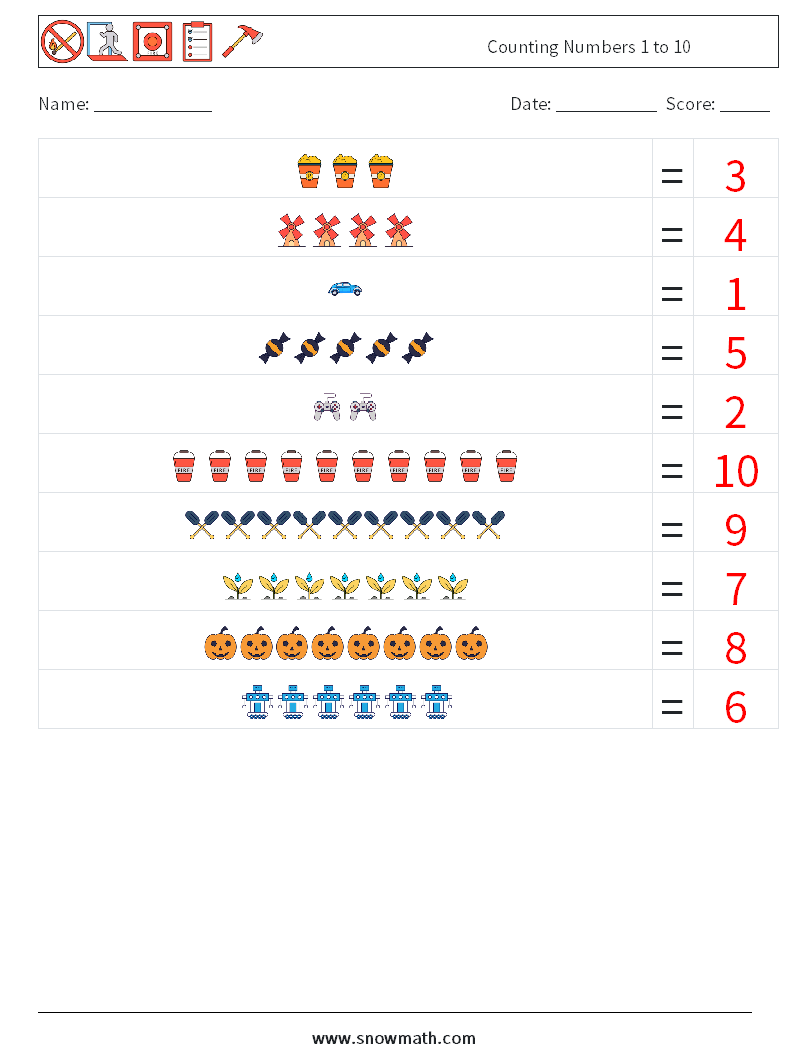 Counting Numbers 1 to 10 Math Worksheets 15 Question, Answer
