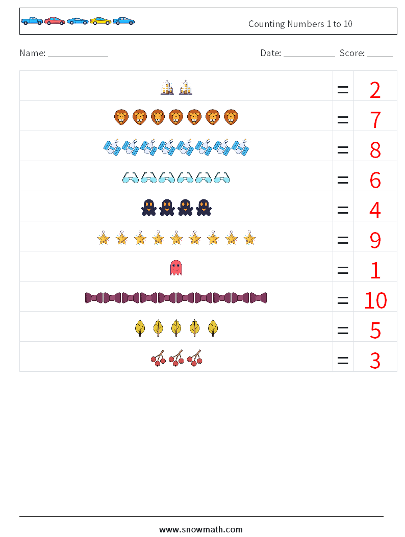 Counting Numbers 1 to 10 Math Worksheets 18 Question, Answer