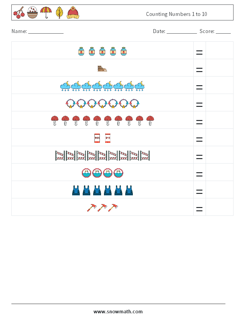 Counting Numbers 1 to 10 Math Worksheets 2