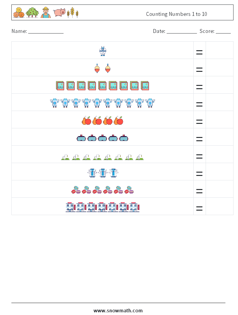 Counting Numbers 1 to 10 Math Worksheets 3