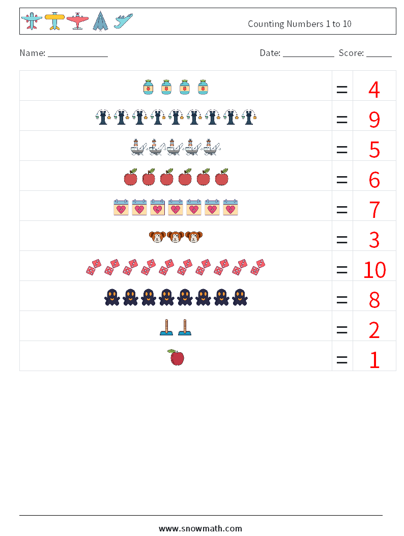 Counting Numbers 1 to 10 Math Worksheets 4 Question, Answer