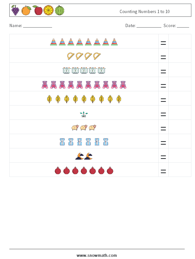 Counting Numbers 1 to 10 Math Worksheets 6