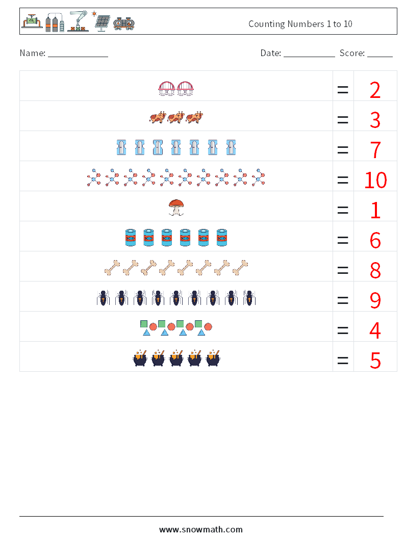 Counting Numbers 1 to 10 Math Worksheets 7 Question, Answer