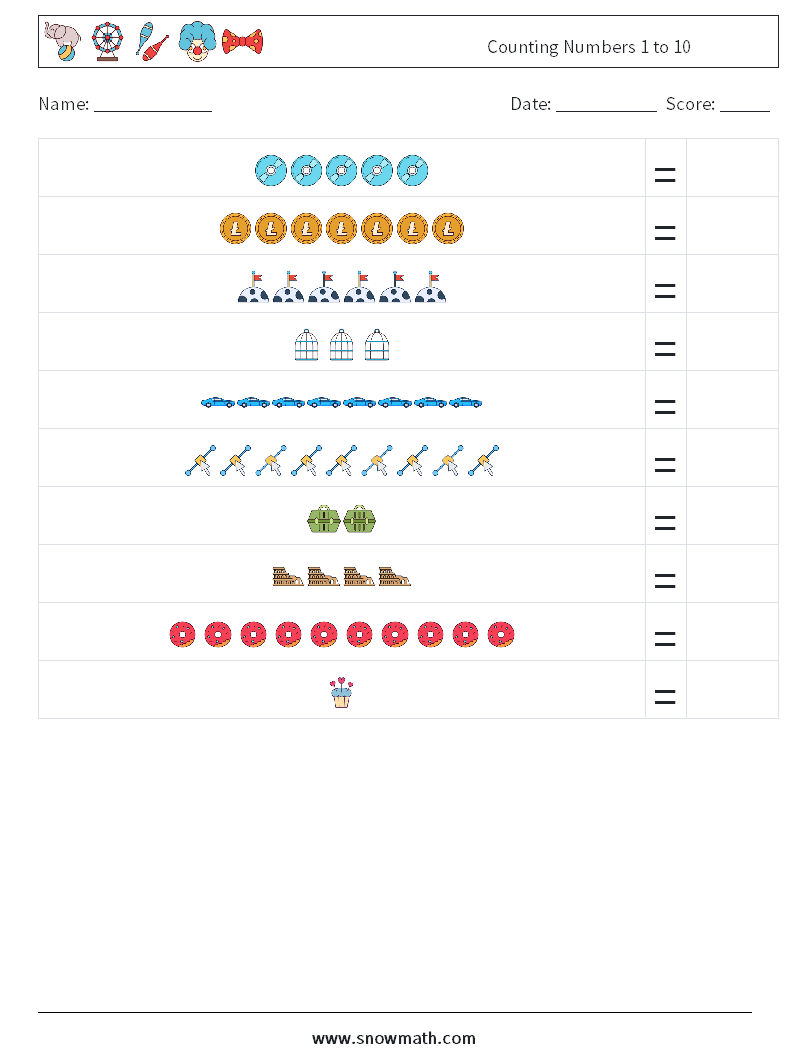 Counting Numbers 1 to 10 Maths Worksheets 8