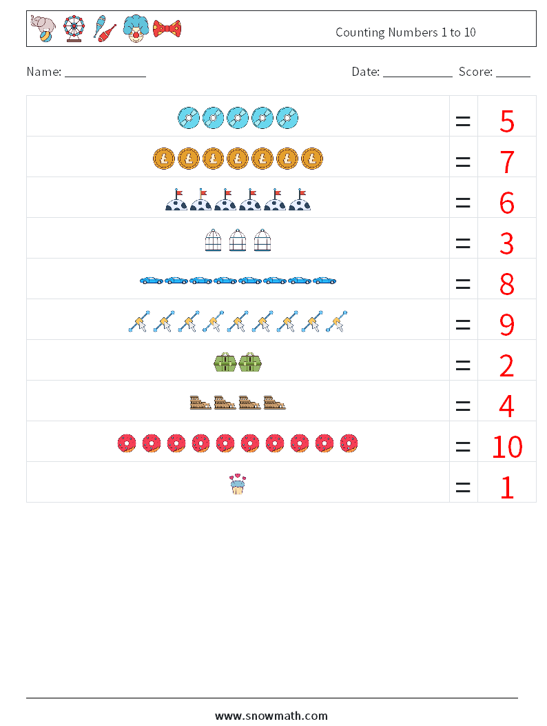 Counting Numbers 1 to 10 Math Worksheets 8 Question, Answer