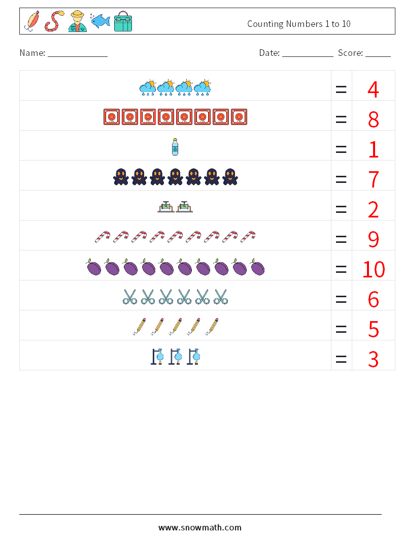 Counting Numbers 1 to 10 Math Worksheets 9 Question, Answer