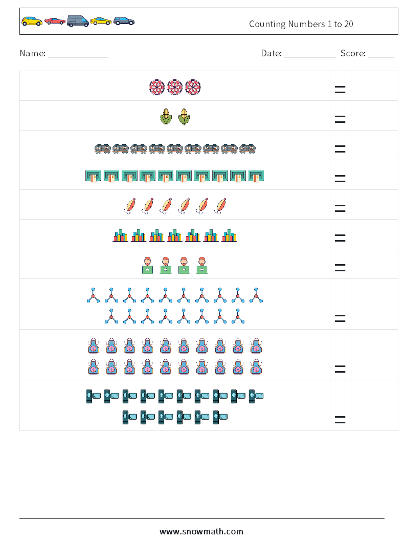 Counting Numbers 1 to 20 Maths Worksheets 12