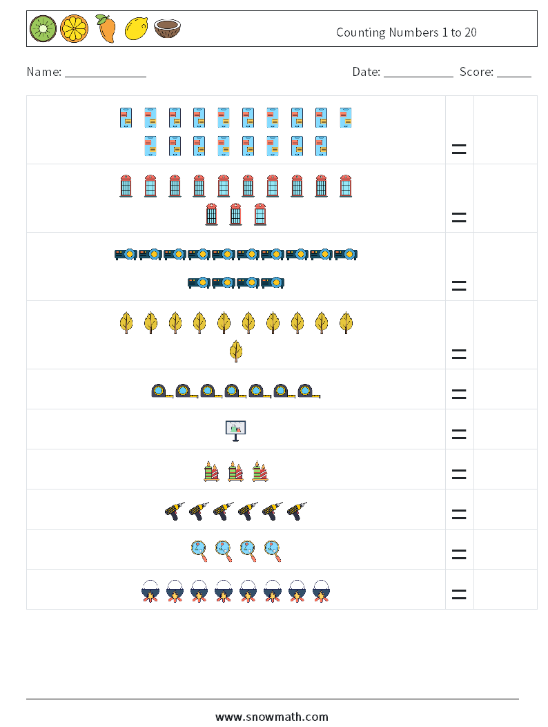 Counting Numbers 1 to 20 Maths Worksheets 16