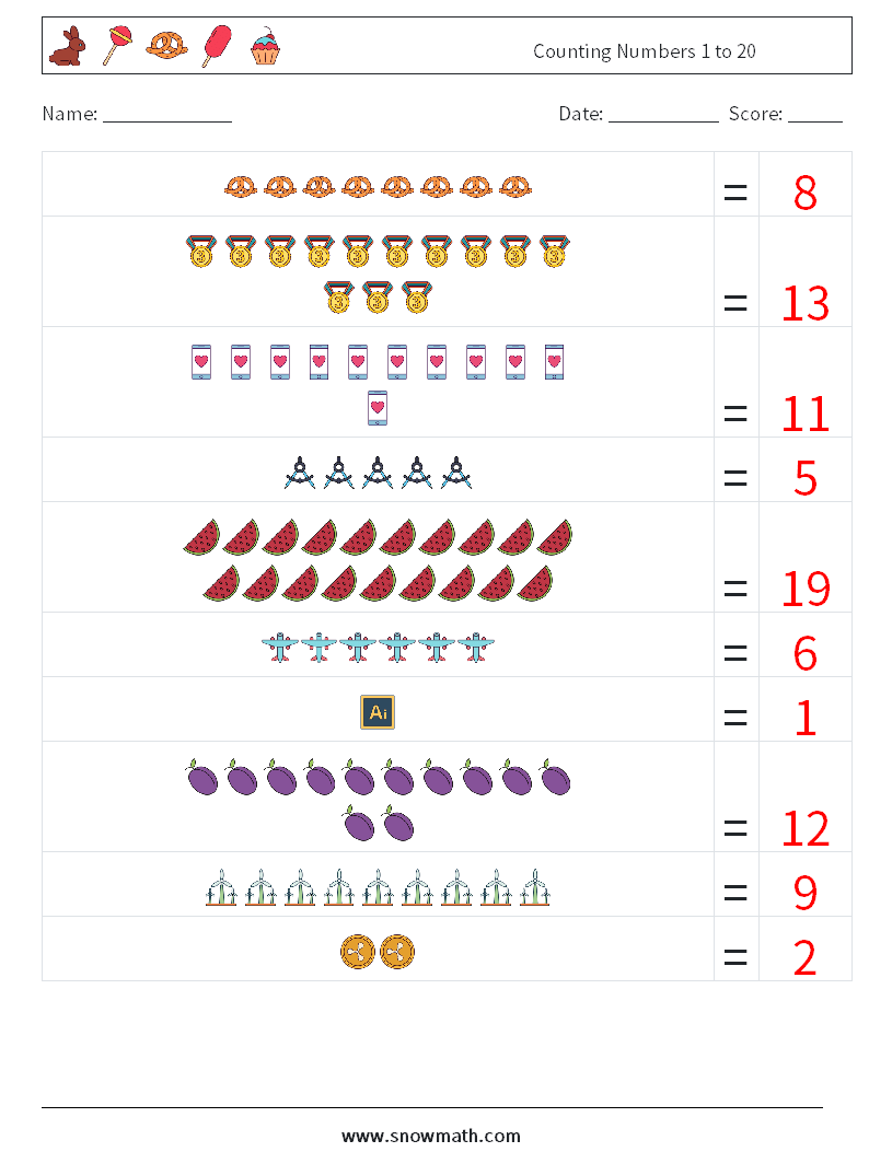 Counting Numbers 1 to 20 Math Worksheets 18 Question, Answer