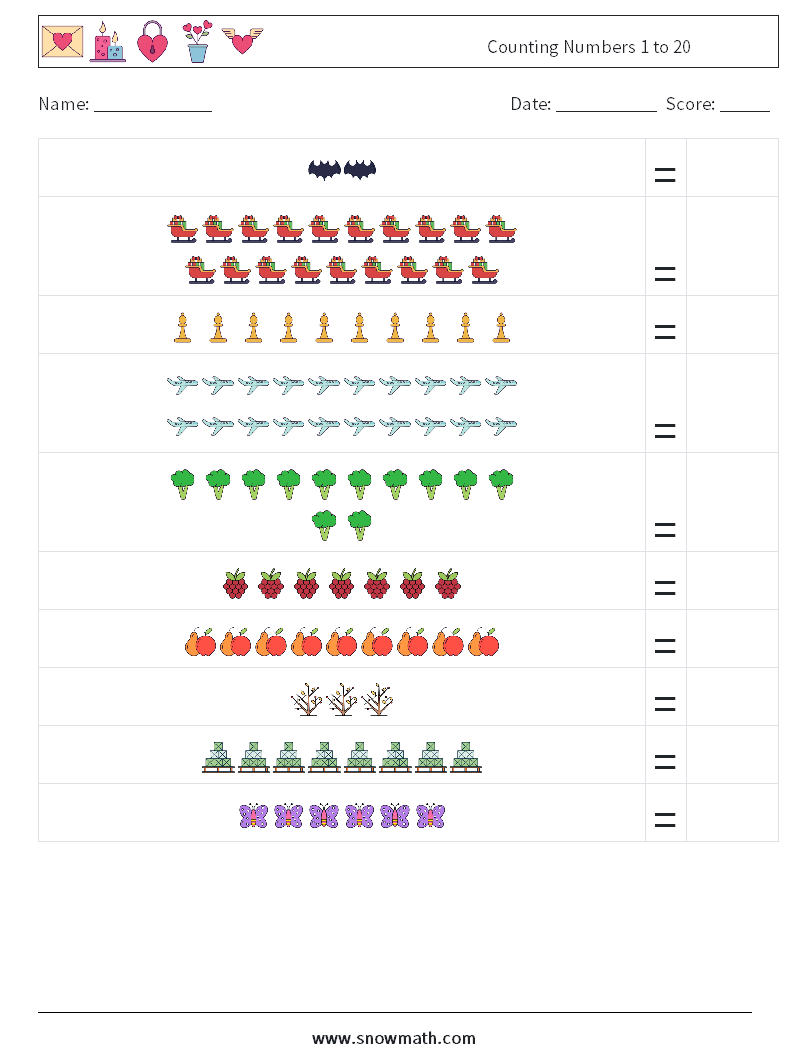 Counting Numbers 1 to 20 Maths Worksheets 2