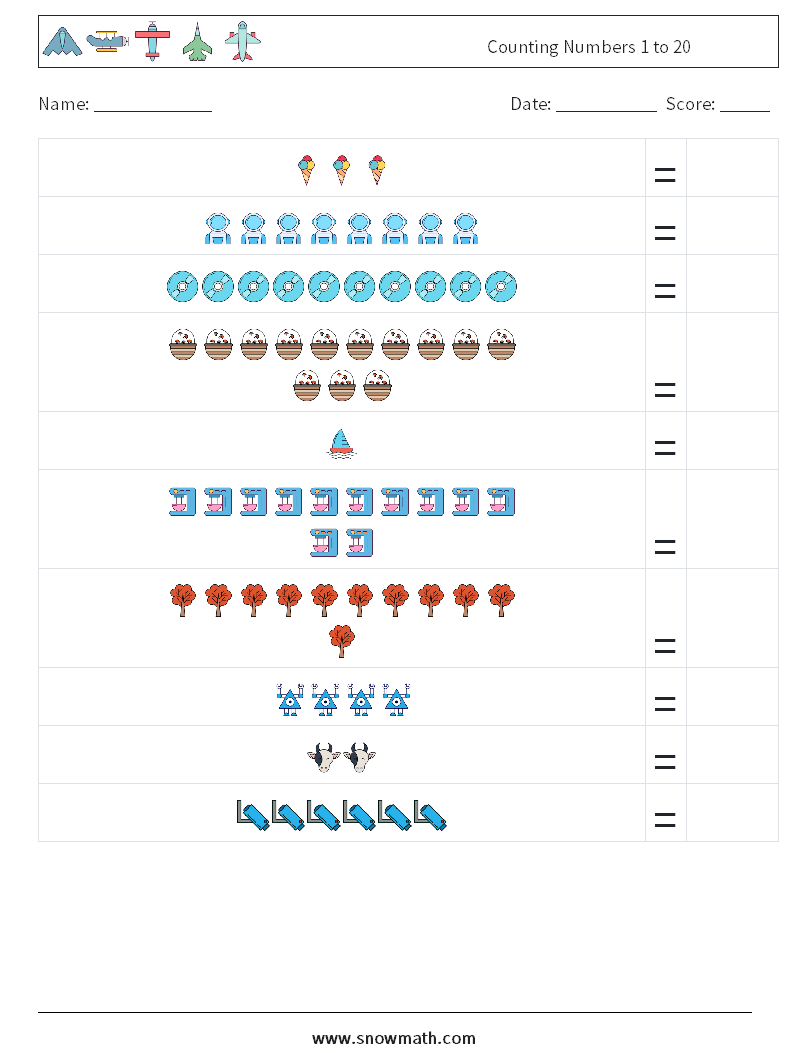 Counting Numbers 1 to 20 Math Worksheets 3