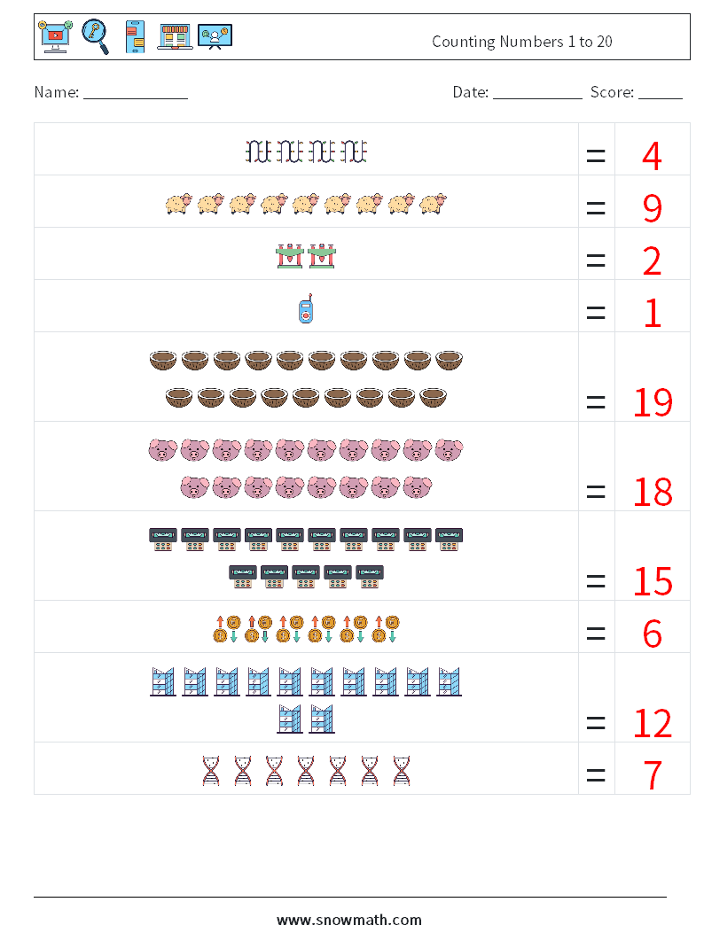 Counting Numbers 1 to 20 Math Worksheets 6 Question, Answer