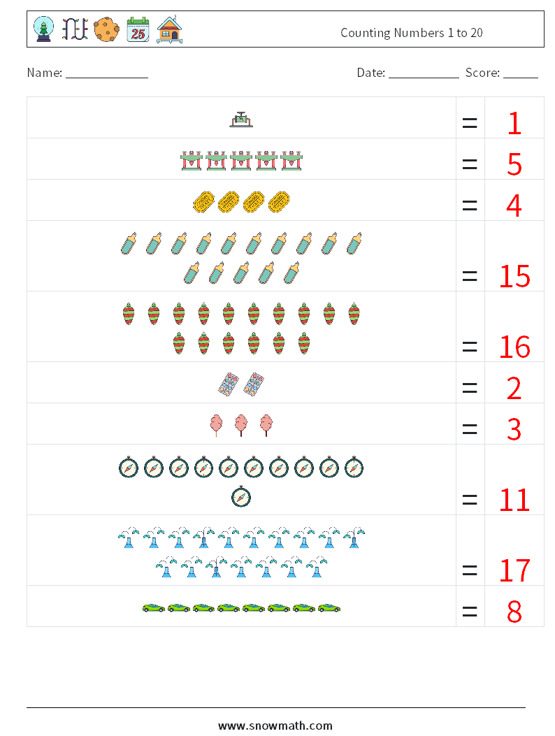 Counting Numbers 1 to 20 Math Worksheets 8 Question, Answer