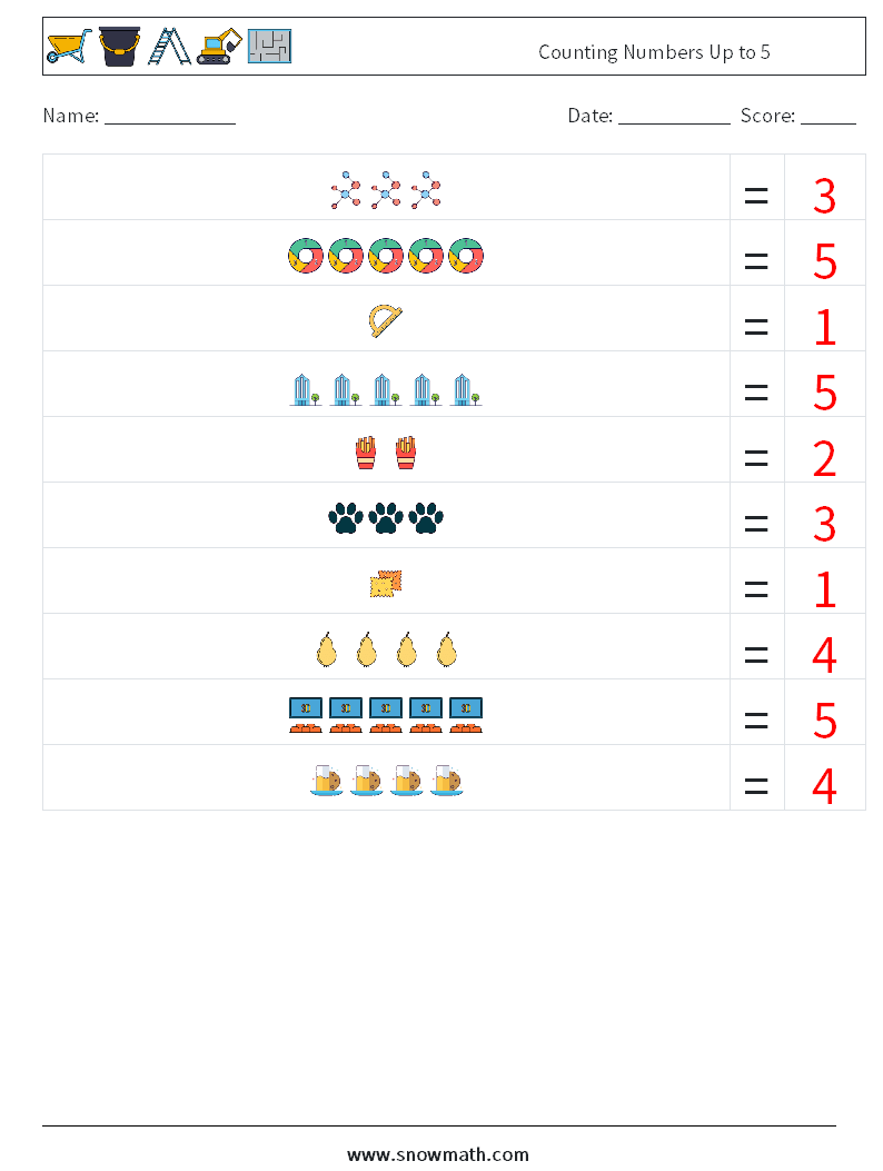 Counting Numbers Up to 5 Math Worksheets 11 Question, Answer