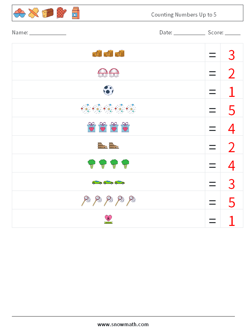 Counting Numbers Up to 5 Math Worksheets 1 Question, Answer