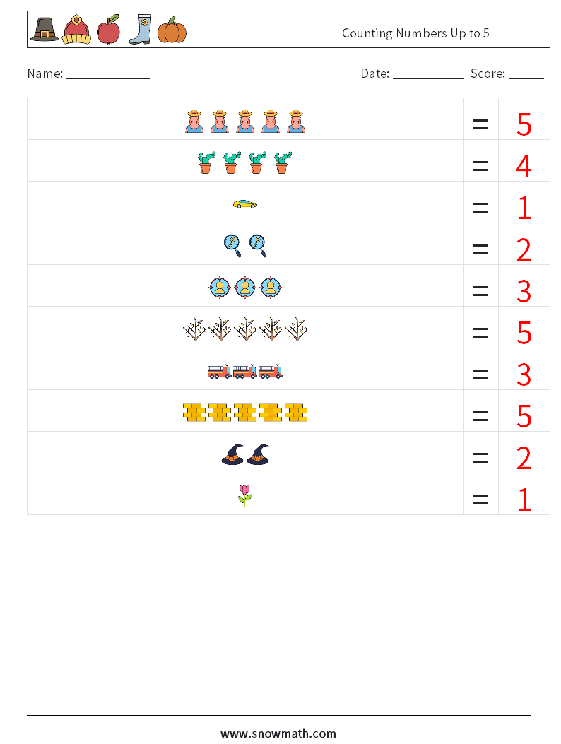 Counting Numbers Up to 5 Math Worksheets 4 Question, Answer