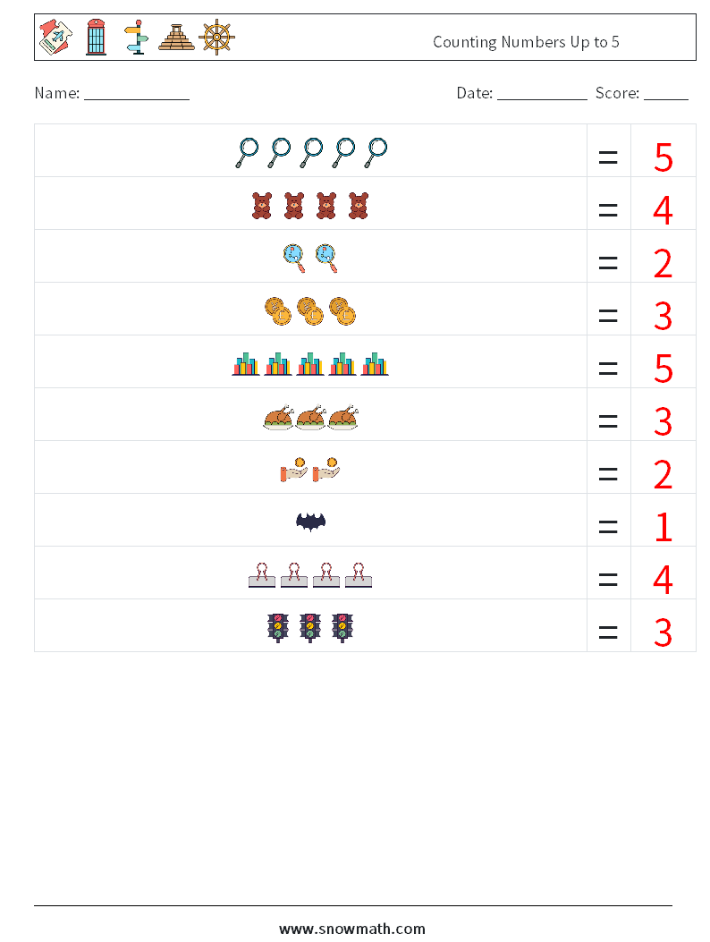 Counting Numbers Up to 5 Math Worksheets 6 Question, Answer