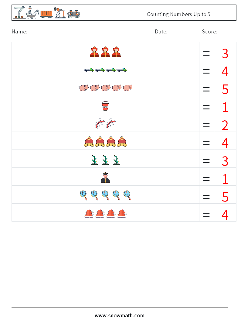 Counting Numbers Up to 5 Math Worksheets 7 Question, Answer