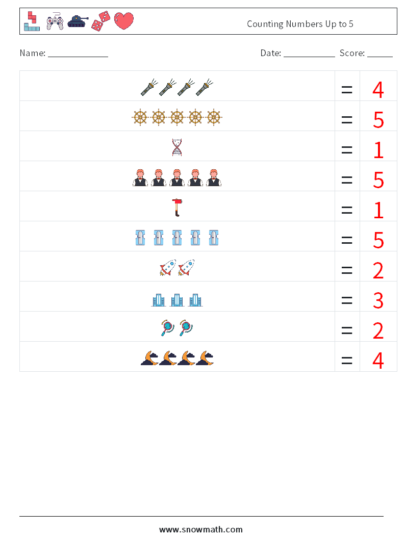 Counting Numbers Up to 5 Math Worksheets 8 Question, Answer