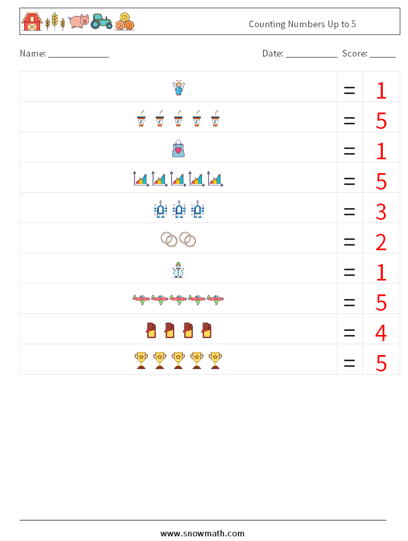 Counting Numbers Up to 5 Math Worksheets 9 Question, Answer