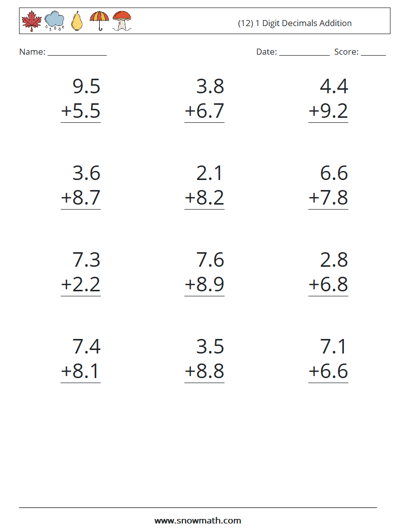 (12) 1 Digit Decimals Addition Maths Worksheets 10