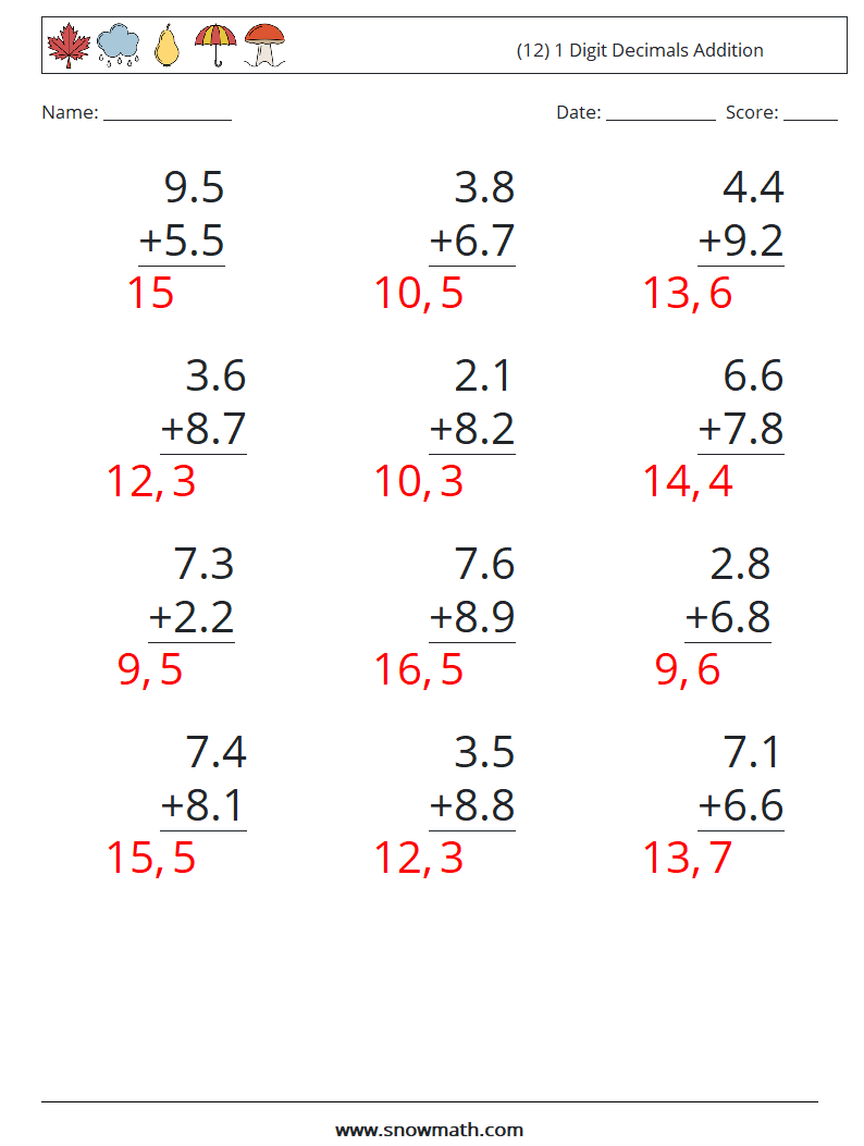 (12) 1 Digit Decimals Addition Math Worksheets 10 Question, Answer