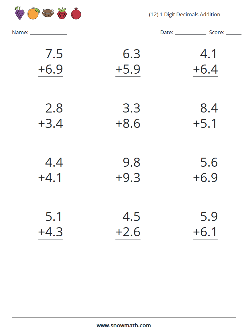 (12) 1 Digit Decimals Addition Maths Worksheets 11