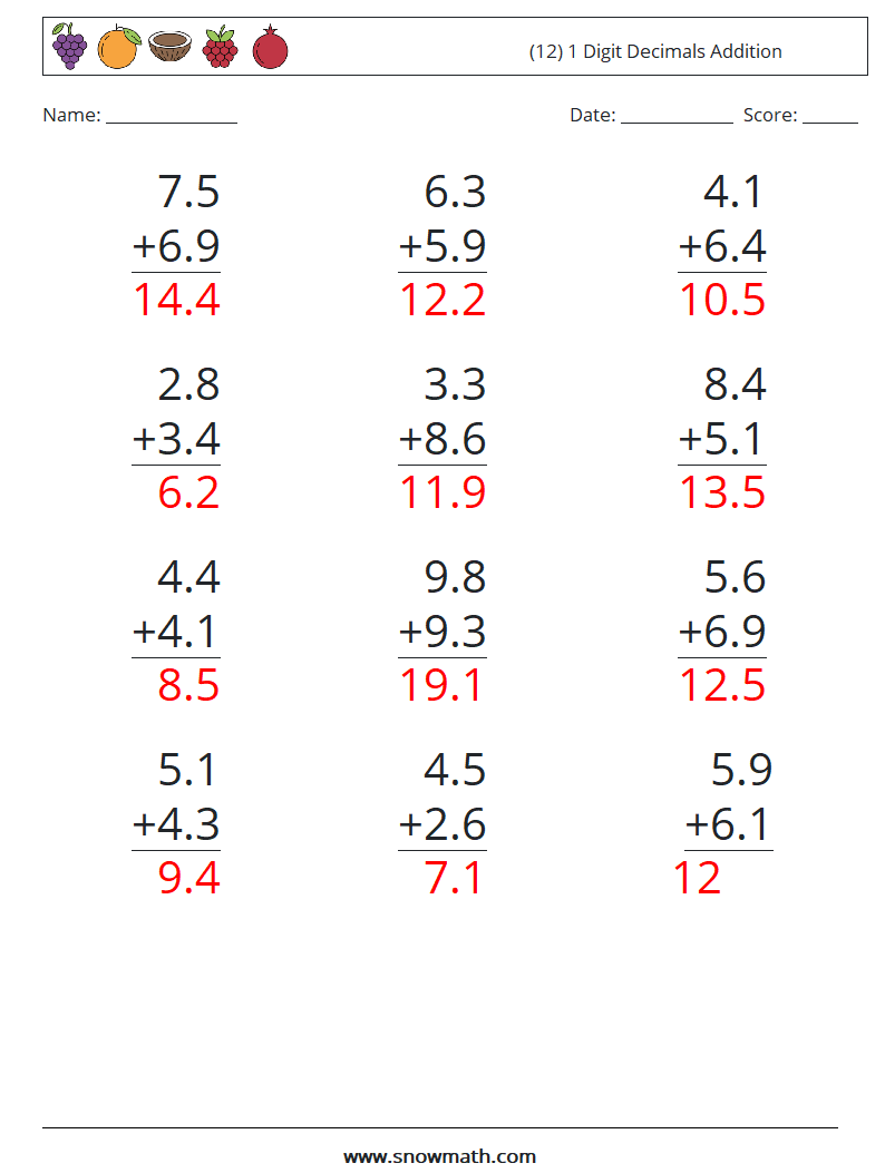 (12) 1 Digit Decimals Addition Math Worksheets 11 Question, Answer