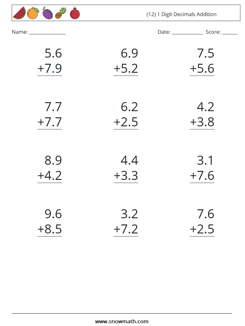 (12) 1 Digit Decimals Addition Maths Worksheets 12