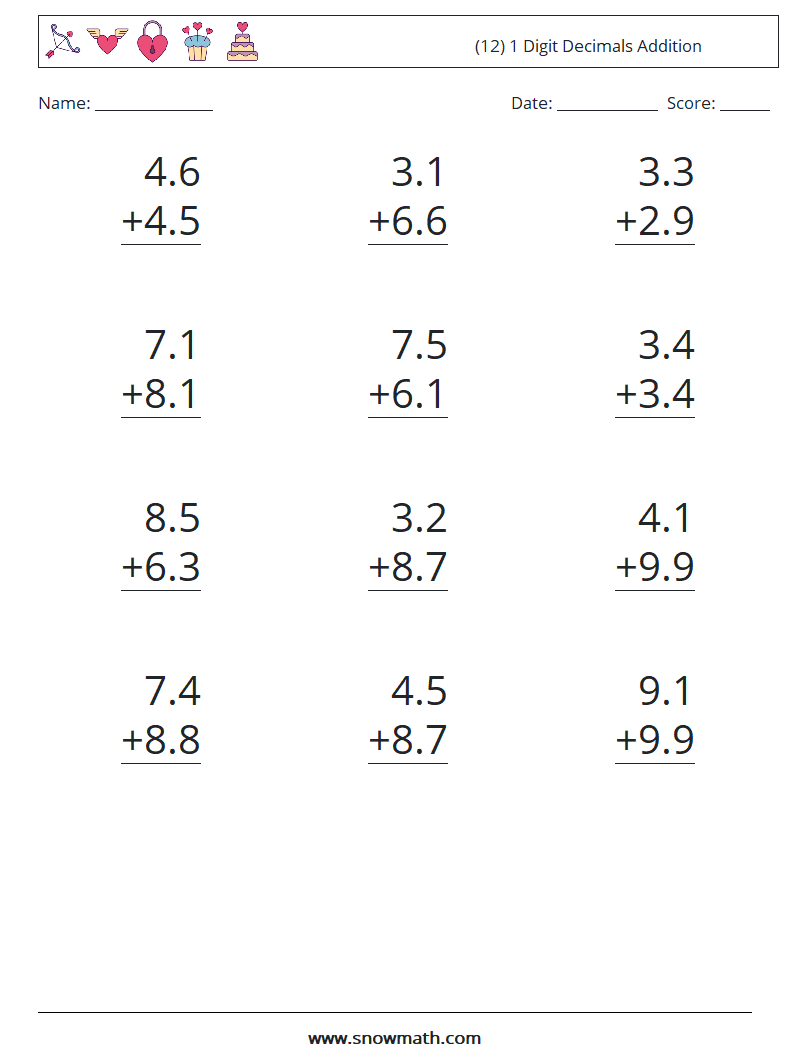 (12) 1 Digit Decimals Addition Math Worksheets 13