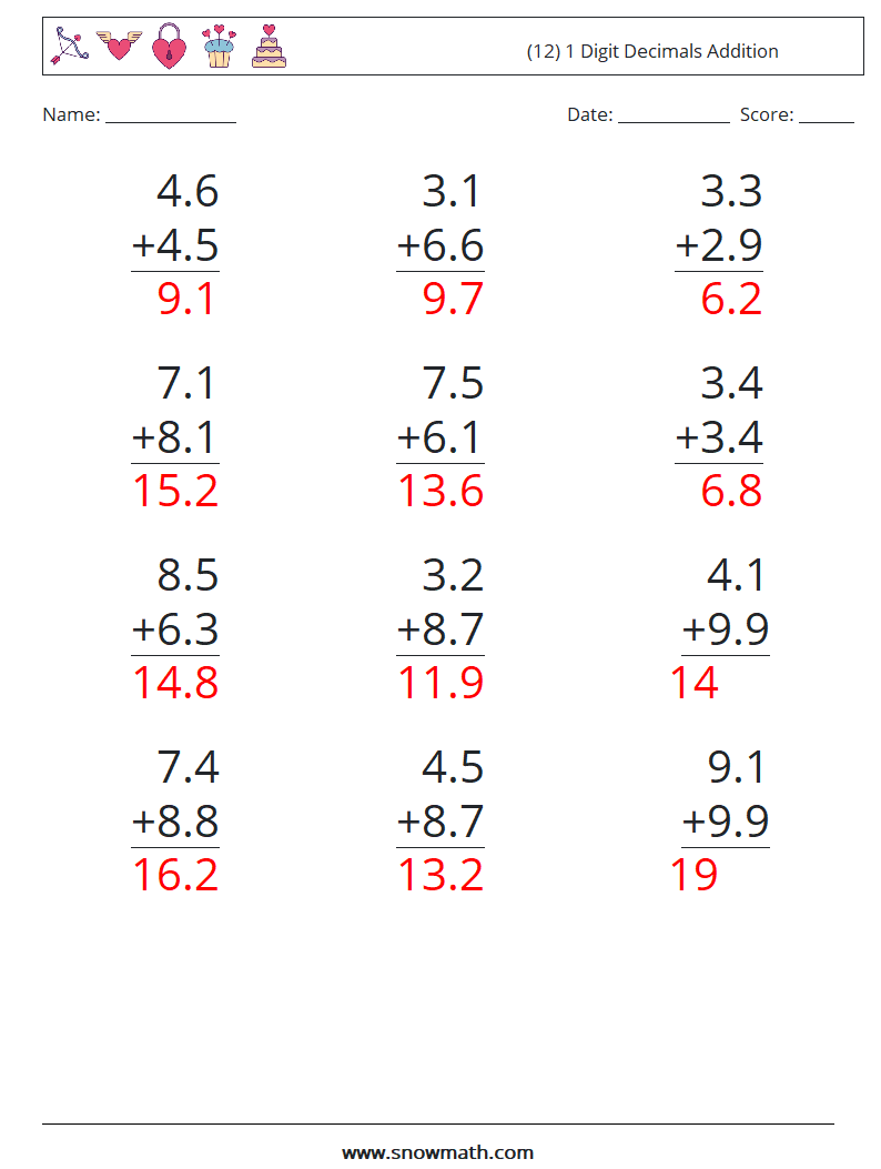 (12) 1 Digit Decimals Addition Math Worksheets 13 Question, Answer