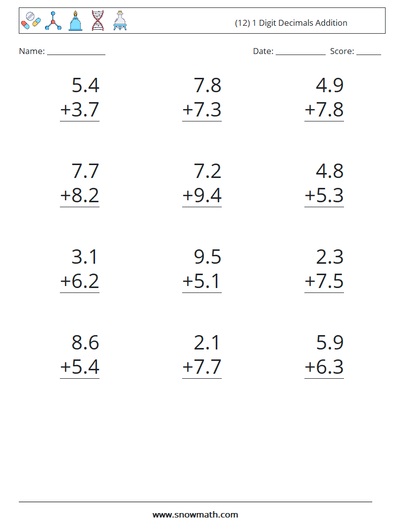 (12) 1 Digit Decimals Addition Math Worksheets 14