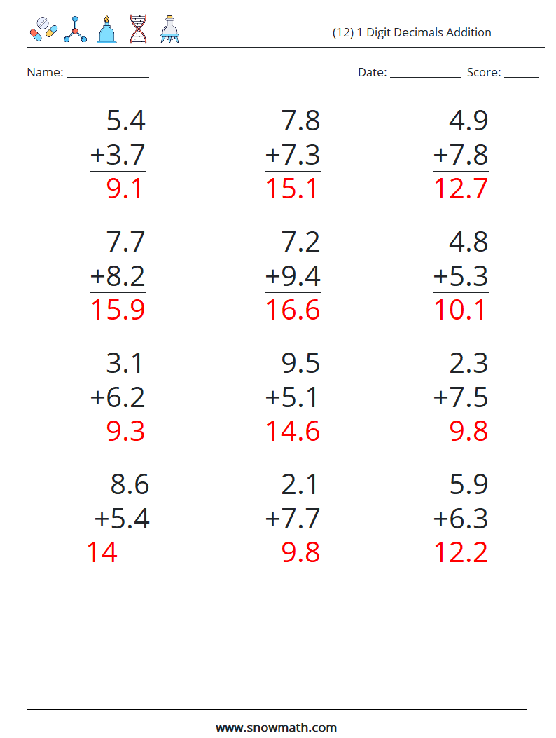 (12) 1 Digit Decimals Addition Math Worksheets 14 Question, Answer