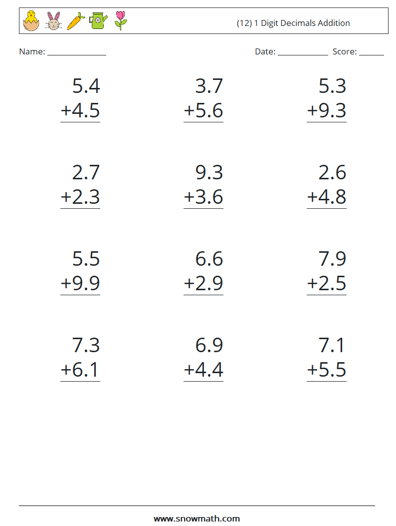 (12) 1 Digit Decimals Addition Math Worksheets 15