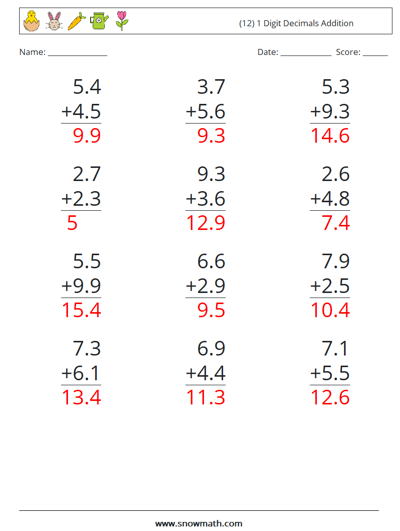 (12) 1 Digit Decimals Addition Math Worksheets 15 Question, Answer