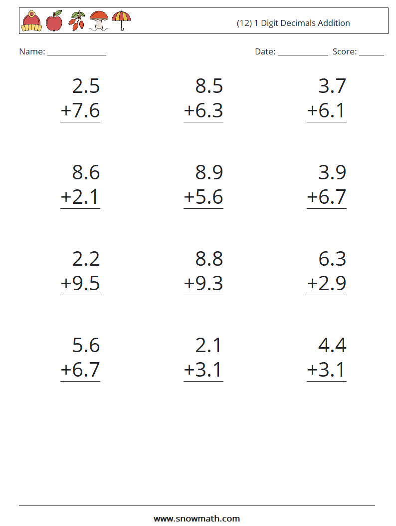 (12) 1 Digit Decimals Addition Math Worksheets 17