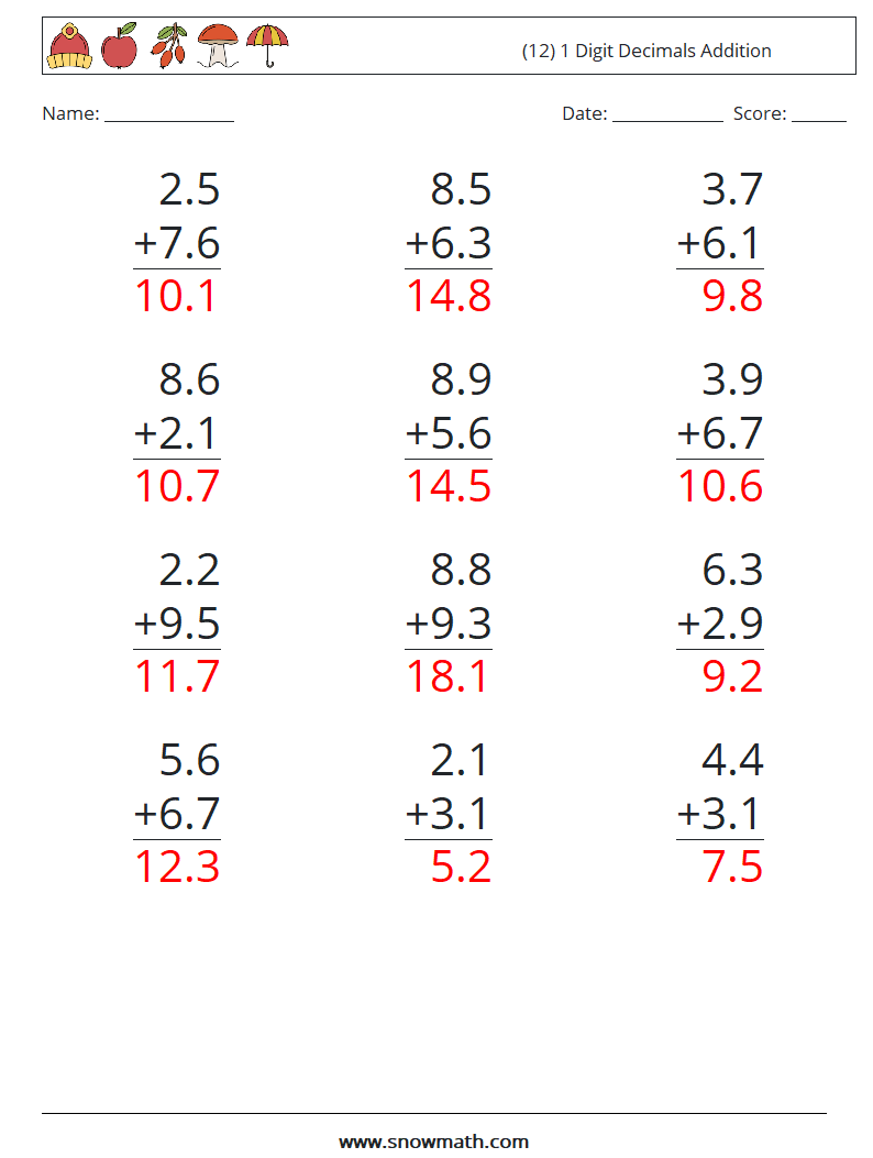 (12) 1 Digit Decimals Addition Math Worksheets 17 Question, Answer