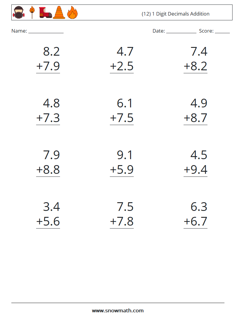 (12) 1 Digit Decimals Addition Maths Worksheets 2