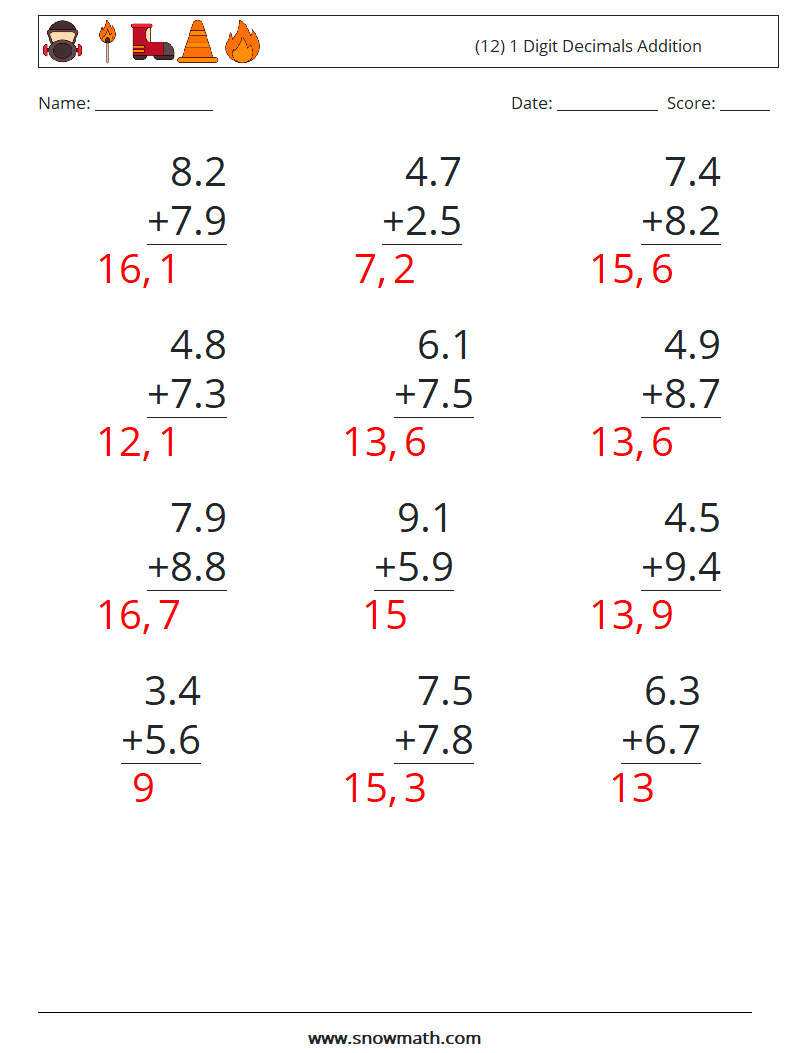 (12) 1 Digit Decimals Addition Math Worksheets 2 Question, Answer