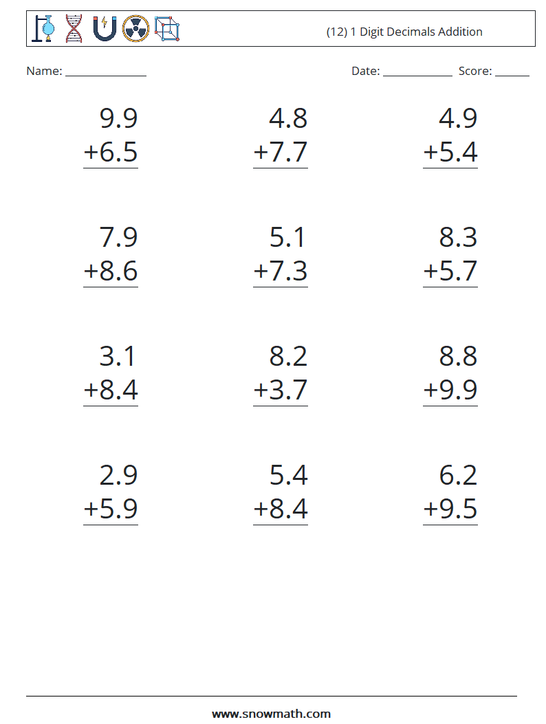 (12) 1 Digit Decimals Addition Maths Worksheets 3