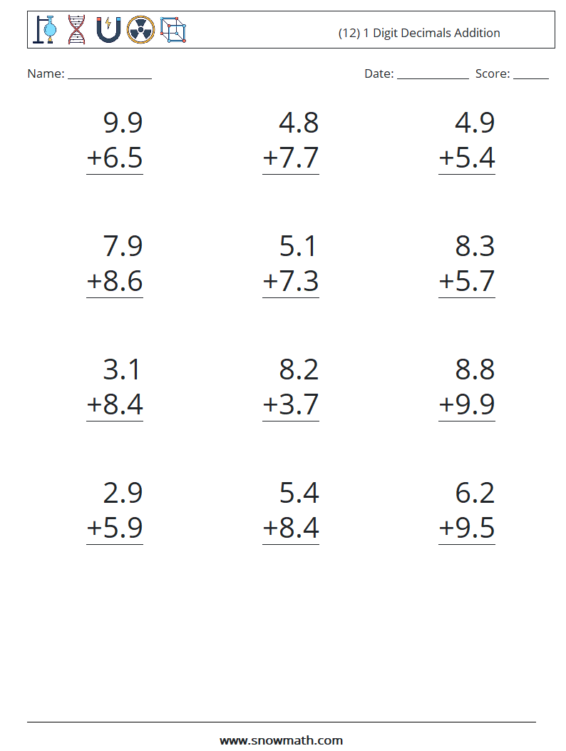 (12) 1 Digit Decimals Addition Math Worksheets 3